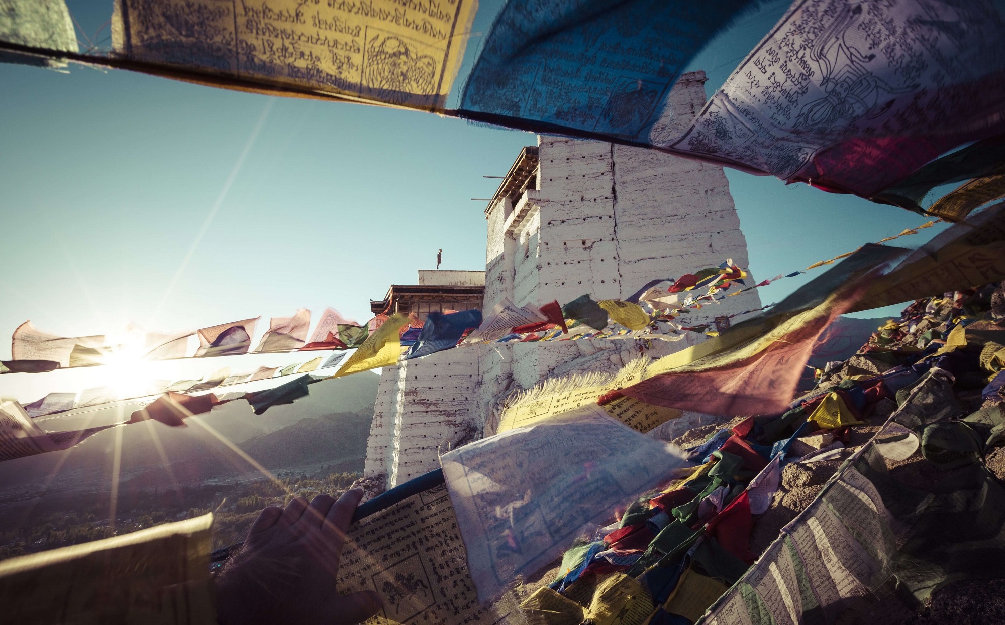 Drapeaux bouddhistes flottant au vent, monastère de Namgyal Tsemo, Leh, Ladakh