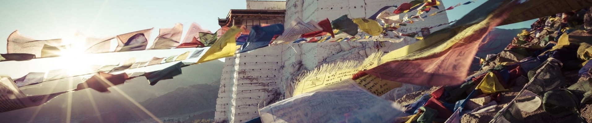 Drapeaux bouddhistes flottant au vent, monastère de Namgyal Tsemo, Leh, Ladakh